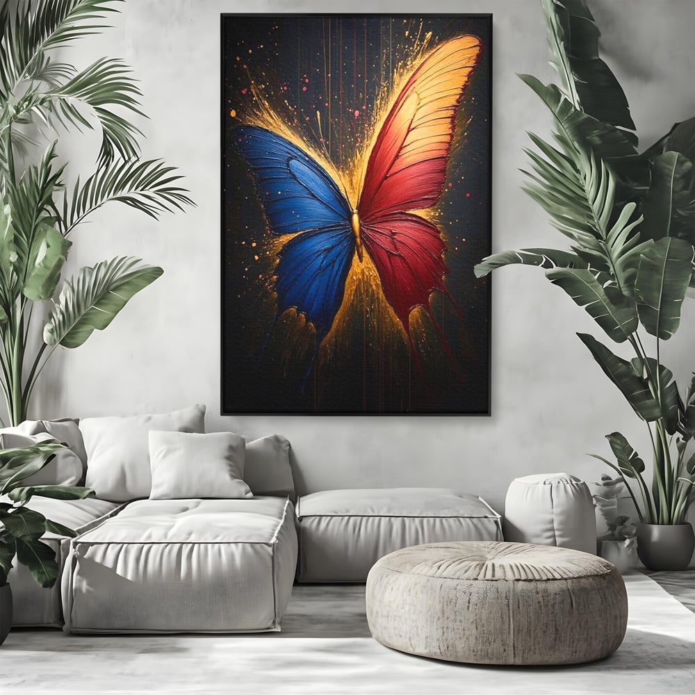 Tablou canvas cu tablou canvas cu fluture colorat, in rama de aluminiu negru, pe perete intr-un living